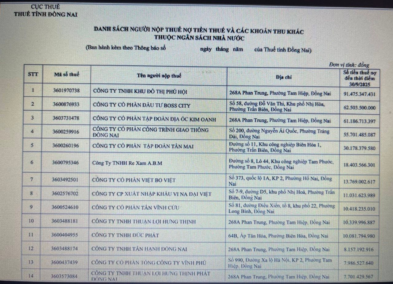 Đồng Nai công khai danh sách doanh nghiệp nợ thuế