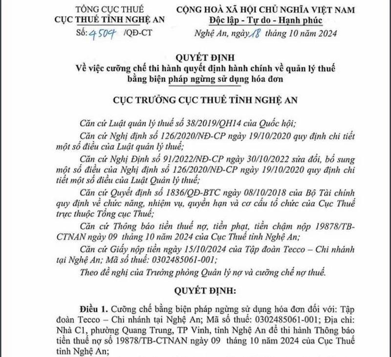 Quyết định cưỡng chế của Cục Thuế tỉnh Nghệ An. Quyết định cưỡng chế của Cục Thuế tỉnh Nghệ An.