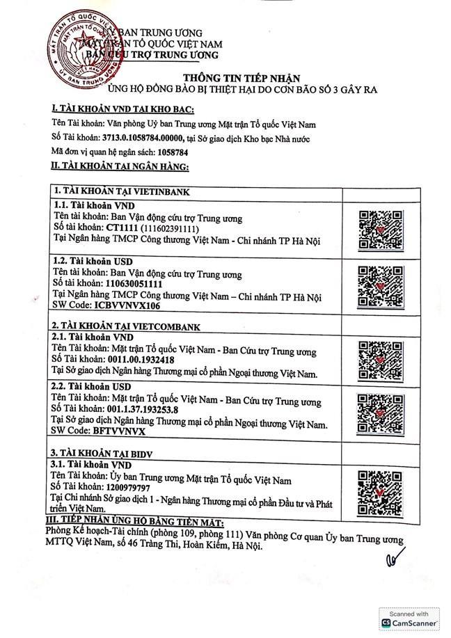 Cập nhật số tài khoản tiếp nhận ủng hộ của Ban Vận động Cứu trợ Trung ương Cập nhật số tài khoản tiếp nhận ủng hộ của Ban Vận động Cứu trợ Trung ương