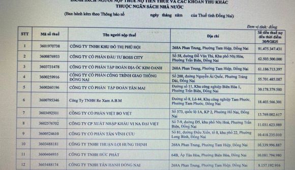 Đồng Nai công khai danh sách doanh nghiệp nợ thuế