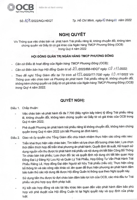 Nghị quyết chhào bán trái phiếu quý IV/2022