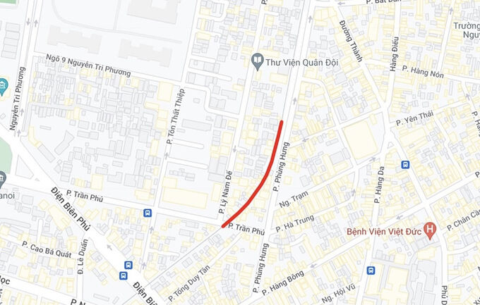 Khu vực phố cà phê đường tàu ở Hà Nội (vạch đỏ). Ảnh: Google Maps.